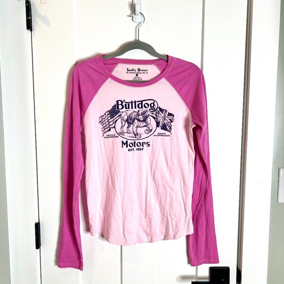 Lucky Brand 'Bulldog Motors' Graphic Pink Two-Tone Baseball Tee Long Sleeve M - Picture 1 of 4